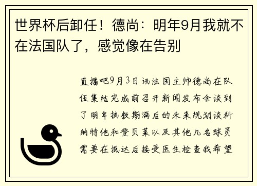 世界杯后卸任！德尚：明年9月我就不在法国队了，感觉像在告别
